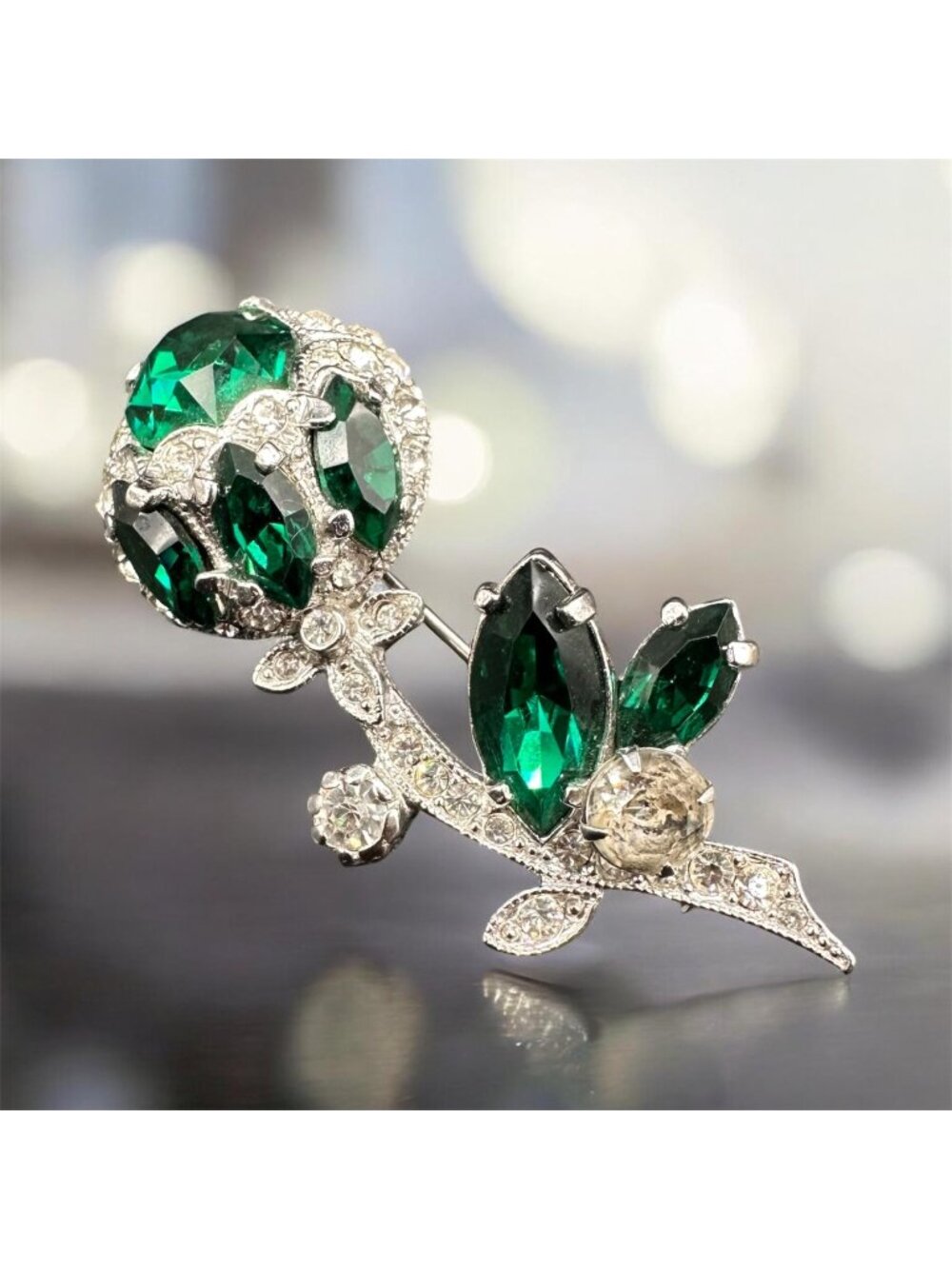 Vintage Eisenberg Ice Floral Brooch Pin Green Clear Rhinestone Silver Tone Retro